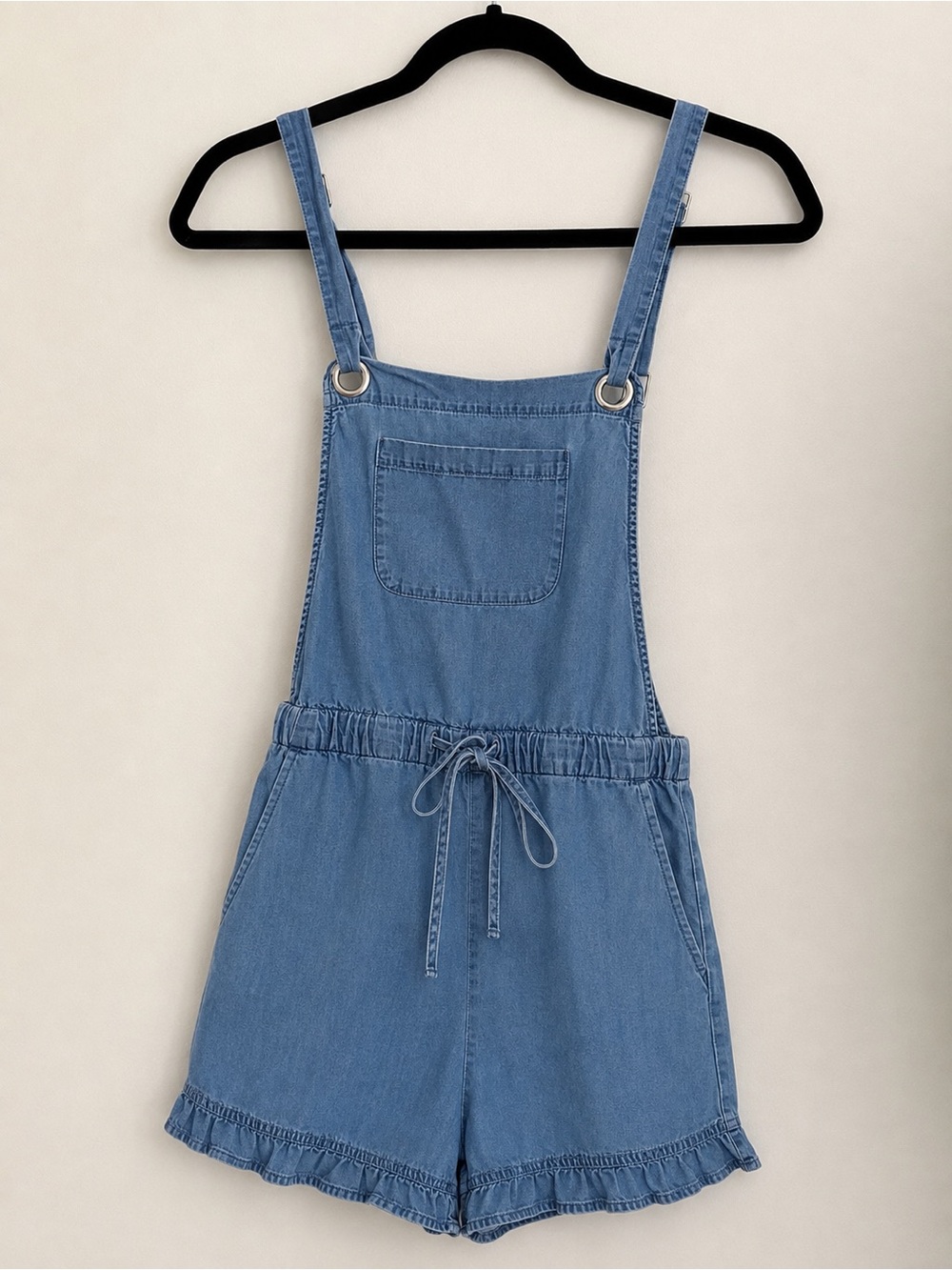 Light Wash Denim Romper with Drawstring Waist